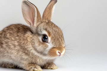 Obraz premium Detailed shot of a baby rabbit sitting in a natural relaxed pose, soft fur and whiskers visible, on a plain white background. 