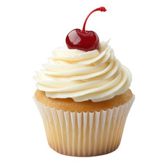 Delicious vanilla cupcake with creamy frosting and a maraschino cherry isolated on transparent background