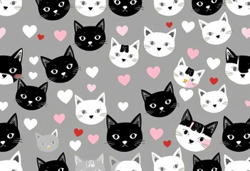 Whimsical black & white cat faces and hearts seamless pattern in gray and silver tones, decorative, silver