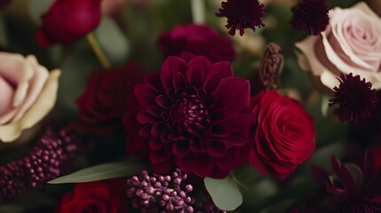 Closeup of Dark Red Dahlia and Roses Bouquet,  Burgundy Floral Arrangement, Luxurious Flower Composition