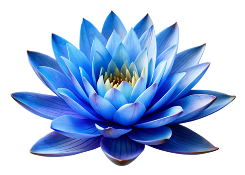 Vibrant blue lotus flower with detailed petals and yellow center isolated on a transparent background