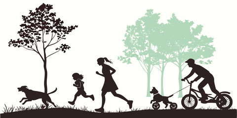 Silhouette Park Scene Family Fun: Running, Biking, and Dogs