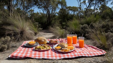 Sunny Picnic Outdoors: Delicious Food and Drinks on Red Gingham Blanket