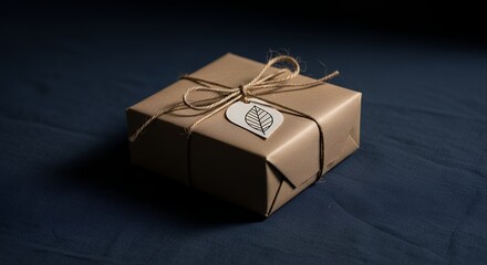 Wrapped Gift with Leaf Tag on Dark Blue Fabric