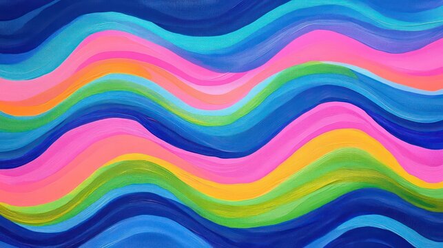 Fluid blue stripes over soft water ripples with neon pink, green, and orange bursts