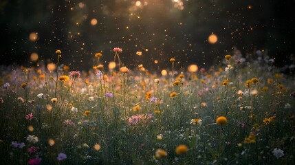 Magical Sunset Wildflower Meadow, Blooming Flowers, Golden Hour