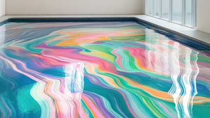Fluid blue stripes over soft water ripples with neon pink, green, and orange bursts