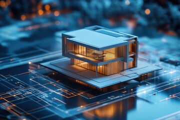 Modern architecture model on a circuit board with blue and orange lights in a futuristic setting