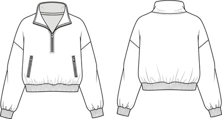 Half zip pullover sweatshirt flat sketch, front and back view, fashion cad drawing, vector technical illustration, garment design template