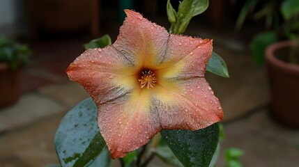 Dew Drops on Peach Hibiscus Flower Macro Photography