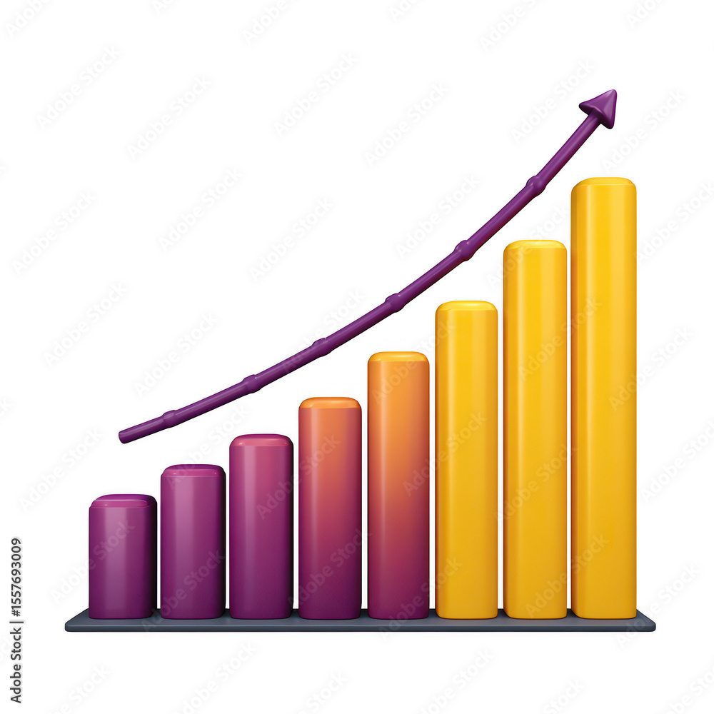 Poster 3d bar chart with upward trend arrow isolated on transparent background