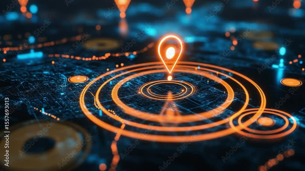 Poster Navigational Pathways: An abstract display of a digital map highlighting location indicators and interconnected pathways, showcasing data analysis and technological progress.
