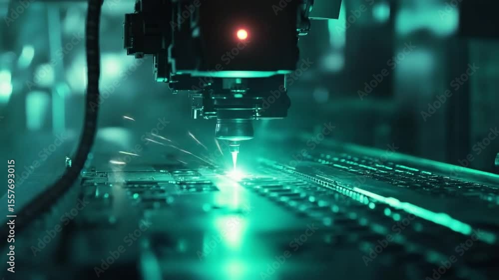 Poster laser cutting in manufacturing: a high-tech laser precisely cuts through metal, creating a dynamic d