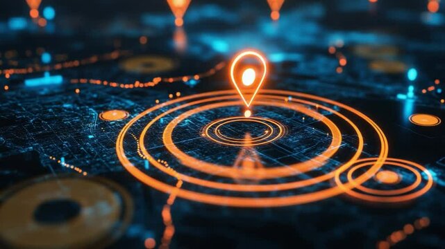 Navigational Pathways: An abstract display of a digital map highlighting location indicators and interconnected pathways, showcasing data analysis and technological progress.