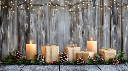 Rustic Christmas Decor: Candles, Gifts, and Pine Cones on Wooden Background