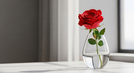 Delicate Red Rose in a Clear Vase, Elegant Still Life