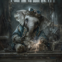 Fototapeta premium A young elephant, wearing goggles and a jacket, skillfully welds metal, sparks flying.