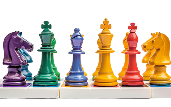 Spectrum Colored Chess Pieces Arranged Strategically on a White Board
