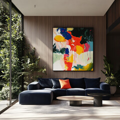 Sunlit modern interior with plush navy velvet sectional sofa, playful abstract painting with vibrant brushstrokes, minimalist décor, greenery peeking in through large glass windows 