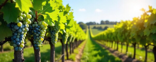 Sun-Drenched Vineyard Ripe Grapes Ready for Harvest. Lush green vines stretch across a sunny landscape, showcasing the idyllic beauty of viticulture and the abundance of a bountiful harvest.