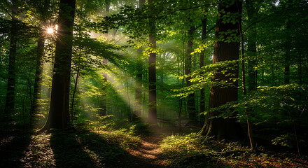 Obraz premium Dense forest with sunlight filtering through trees, photorealistic style