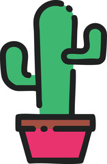 Green cactus potted illustration with a bold outline against a black background for botanical design.