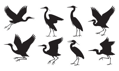 Black Heron Silhouettes in Various Poses Against White Background Vector Illustration