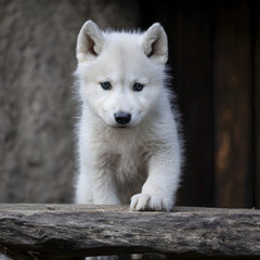 Obraz premium A white wolf pup stands on a dark wood surface, its paws resting on the edge, gazing directly at the viewer.