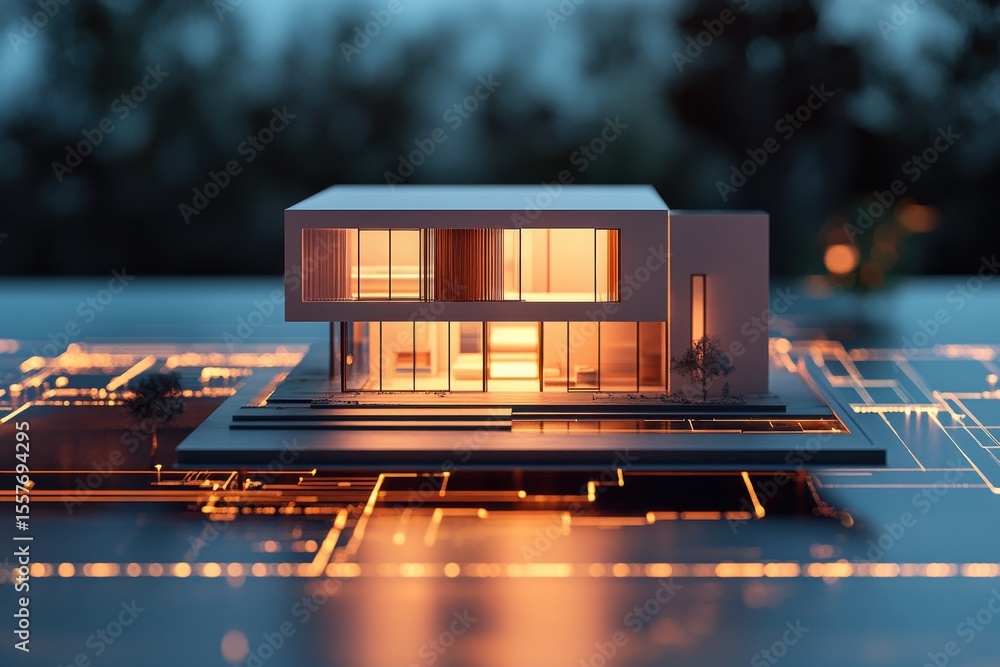 Poster modern house design with large windows and circuit board pattern illuminated with orange lights