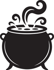 Black Halloween witch cauldron silhouette vector, witch black cauldron with boiling magic potion isolated on white background