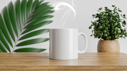 A minimalist product photography setup featuring a plain white ceramic coffee mug centered on a light wooden surface