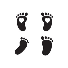 Set of four black baby footprints with heart cutouts, isolated vector icons for newborn, parenting, and family-themed design