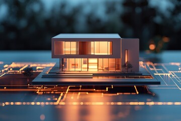 Modern house design with large windows and circuit board pattern illuminated with orange lights