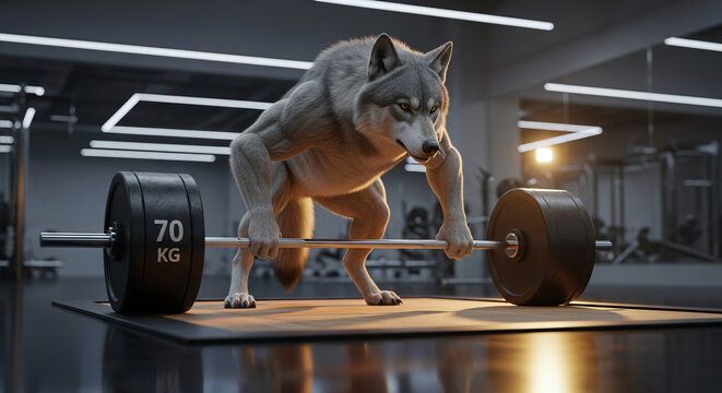 Muscular Wolf Weightlifting Seventy Kilograms in Modern Gym