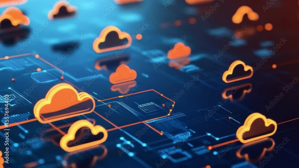Poster Cloud Network: Connecting Data Streams, a network of luminous cloud hovers above circuit grid, symbolizing digital connection and storage capacity.