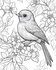 Delicate Bird and Floral Line Art Illustration for Coloring and Creative Projects