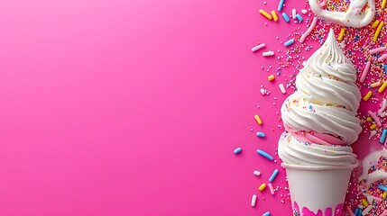 Delicious Soft Serve Ice Cream Cone with Sprinkles on Pink Background
