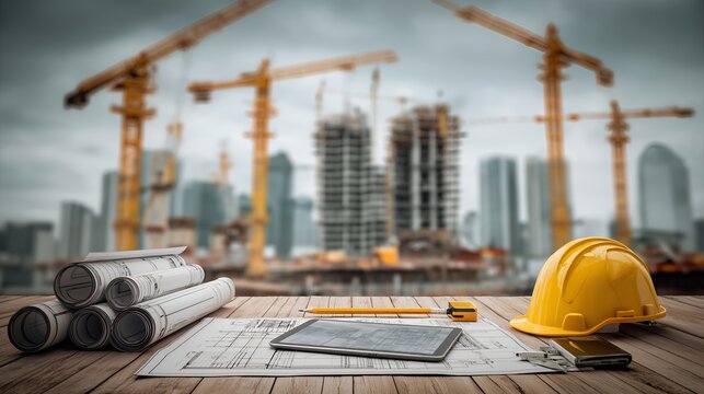 Construction Site with Blueprint, Hard Hat, and Cranes
