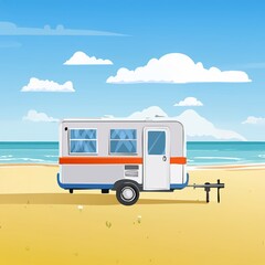 Fototapeta premium Caravan parked on sandy beach by the sea enjoying summer vacation