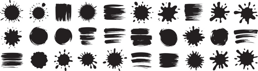 Ink Splatter Vector Set: Collection of Black Paint Splashes, Brush Strokes, and Blot Shapes for Grunge Effects and Artistic Design Resources