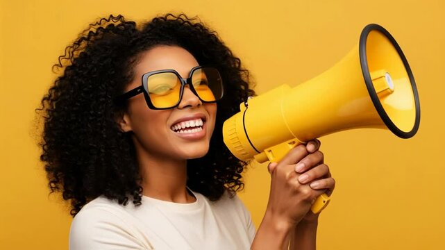 Enthusiastic young black woman with long curly hair, dressed casually, is shouting into yellow megaphone against vivid yellow backdrop, radiating energy and positivity in a lively and cheerful setting