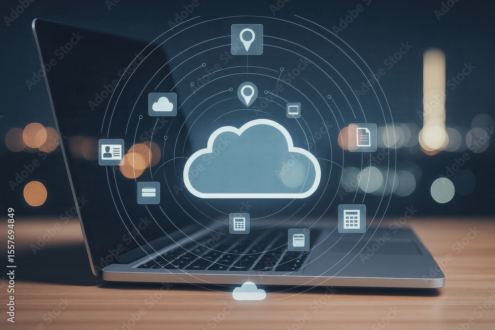 Poster cloud computing on laptop: a sleek laptop rests on a wooden surface, showcasing a futuristic cloud c
