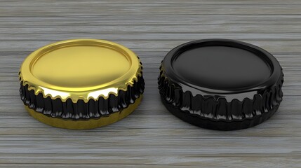 Gold and Black Bottle Caps on Wooden Surface: 3D Render