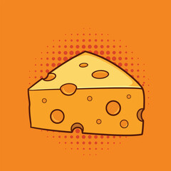 cheese wedge pop art icon with orange halftone background