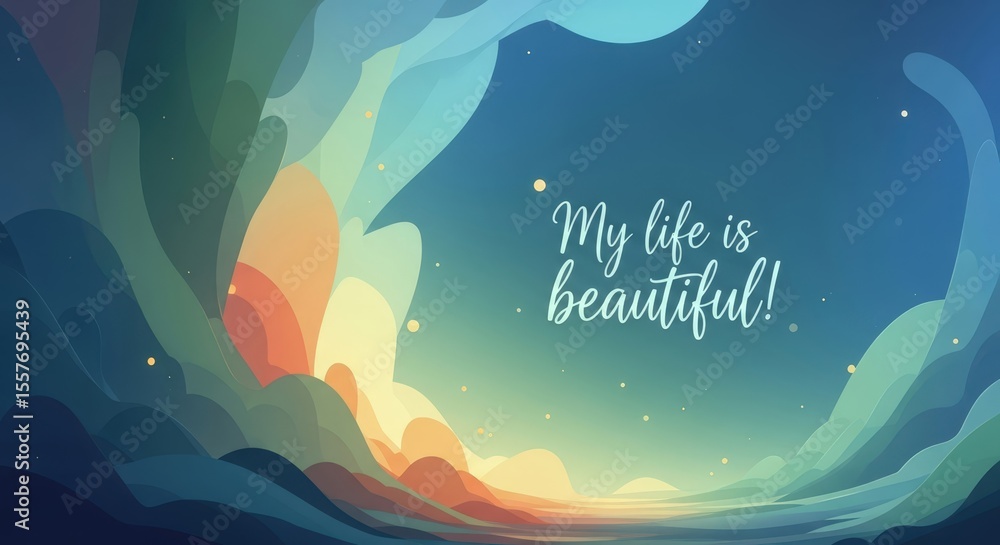 Poster abstract wavy shapes with gradient colors, creating a serene and uplifting scene with the text 