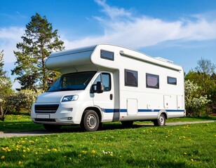 Camper van parked in a green meadow on a sunny day, embracing the freedom of travel and outdoor adventure