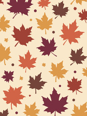 Obraz premium Flat vector autumn poster with a pattern of falling leaves in various shapes, in rust, gold, maroon, and dark brown