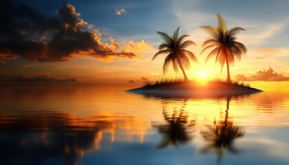 Serene Sunset Island with Palm Trees and Calm Waters