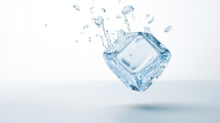 Falling ice cube, isolated on white background, full depth of field