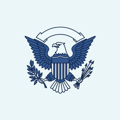 American bald eagle emblem with olive branch and arrows. Patriotism symbol with national bird and heraldic elements. Independence day design for celebratory cards and posters.